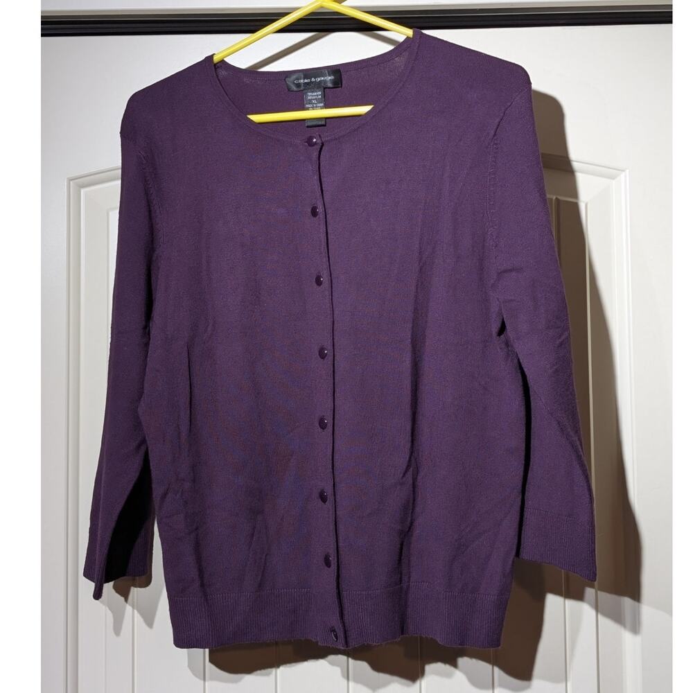 Cable & Gauge Purple 3/4 Sleeve Cardigan Ribbed Hem Sweater Womens Sz XL